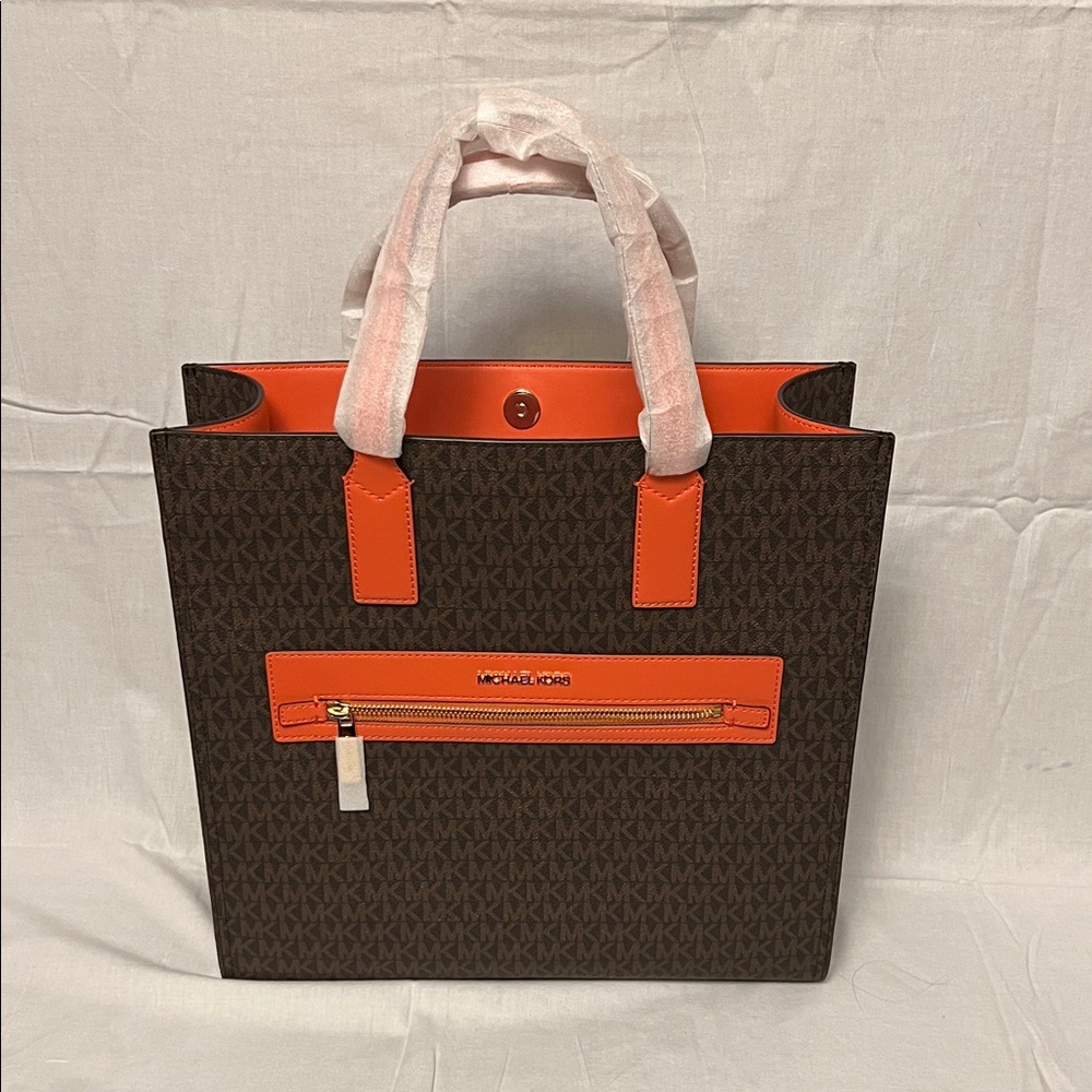 NWT. Michael Kors Dark Brown and Bright Orange Tote
